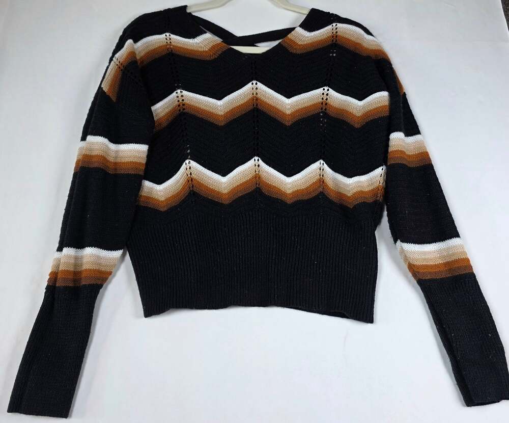 FCT With Love Chevron Stripe Pointelle Knit Sweater Black Earth Tones Size L